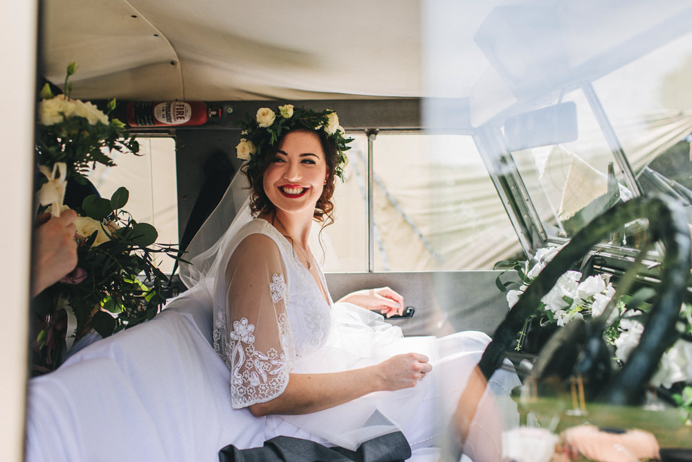 Bride Bridal Boho Wide Sleeve Dress Gown Embellished Flower Crown Stonyford Cottage Gardens Wedding Jessica O'Shaughnessy Photography