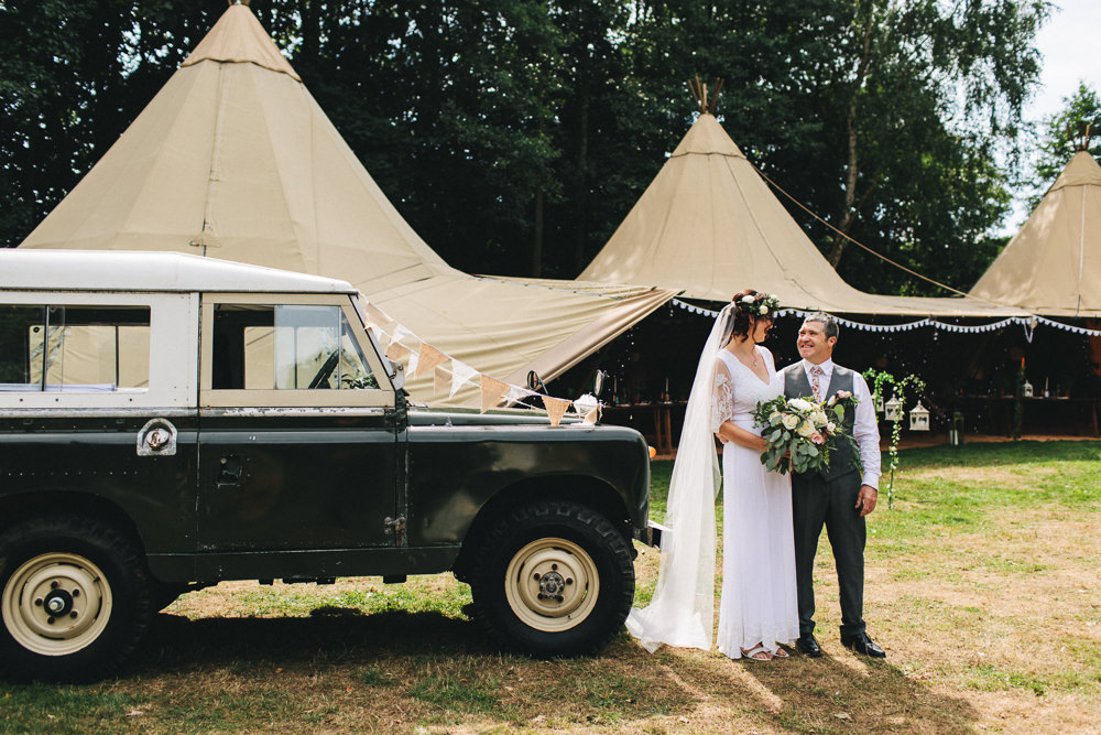 Bride Bridal Boho Wide Sleeve Dress Gown Embellished Flower Crown Land Rover Foliage Bouquet Stonyford Cottage Gardens Wedding Jessica O'Shaughnessy Photography