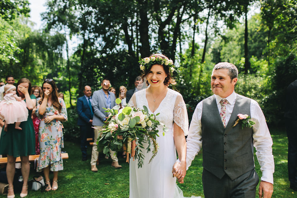Bride Bridal Boho Wide Sleeve Dress Gown Embellished Flower Crown Foliage Bouquet Stonyford Cottage Gardens Wedding Jessica O'Shaughnessy Photography