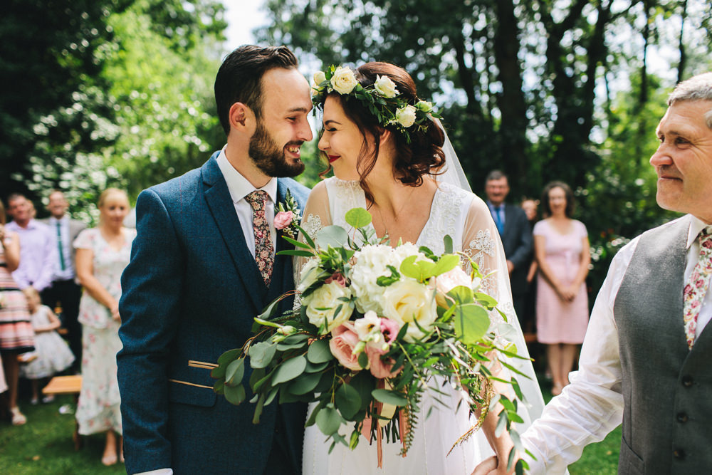 Bride Bridal Boho Wide Sleeve Dress Gown Embellished Flower Crown Blue Suit Groom Foliage Bouquet Stonyford Cottage Gardens Wedding Jessica O'Shaughnessy Photography