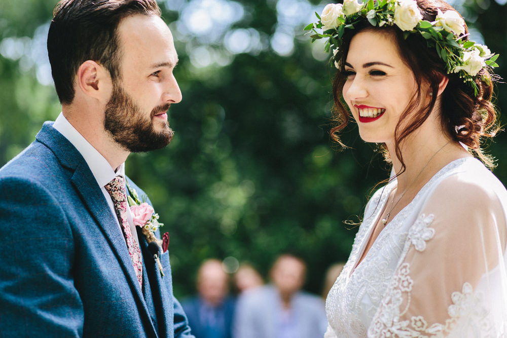 Bride Bridal Boho Wide Sleeve Dress Gown Embellished Flower Crown Blue Tweed Suit Groom Stonyford Cottage Gardens Wedding Jessica O'Shaughnessy Photography