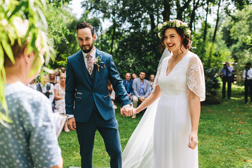Bride Bridal Boho Wide Sleeve Dress Gown Embellished Flower Crown Blue Tweed Suit Groom Stonyford Cottage Gardens Wedding Jessica O'Shaughnessy Photography