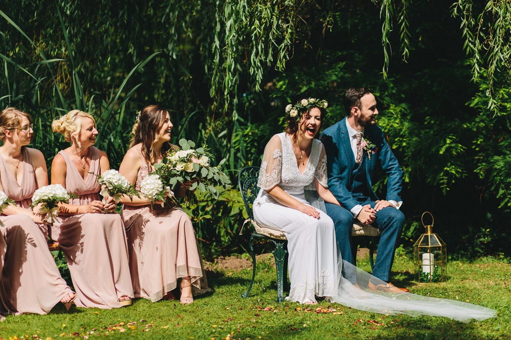 Bride Bridal Boho Wide Sleeve Dress Gown Embellished Flower Crown Blue Tweed Suit Groom Pink Blush Bridesmaids Stonyford Cottage Gardens Wedding Jessica O'Shaughnessy Photography