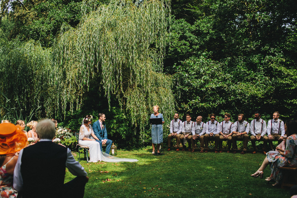 Outdoor Ceremony Braces Bow Tie Groomsmen Stonyford Cottage Gardens Wedding Jessica O'Shaughnessy Photography