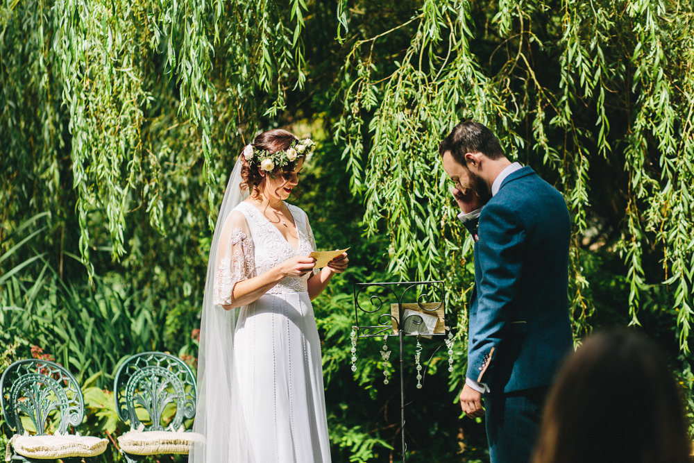 Bride Bridal Boho Wide Sleeve Dress Gown Embellished Flower Crown Blue Tweed Suit Groom Stonyford Cottage Gardens Wedding Jessica O'Shaughnessy Photography