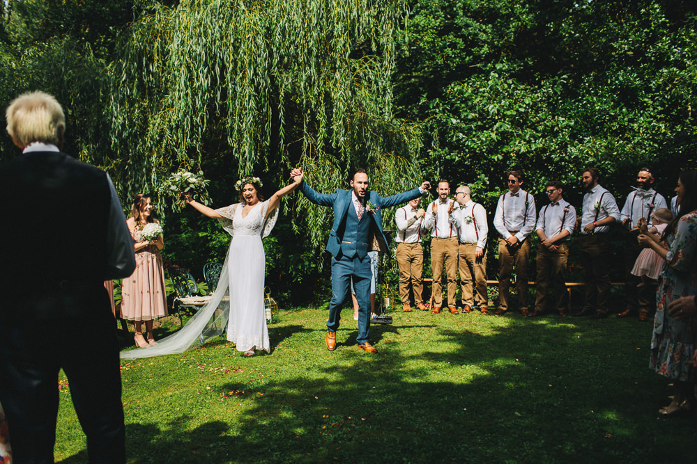 Bride Bridal Boho Wide Sleeve Dress Gown Embellished Flower Crown Blue Suit Tweed Three Piece Waistcoat Groom Foliage Bouquet Stonyford Cottage Gardens Wedding Jessica O'Shaughnessy Photography