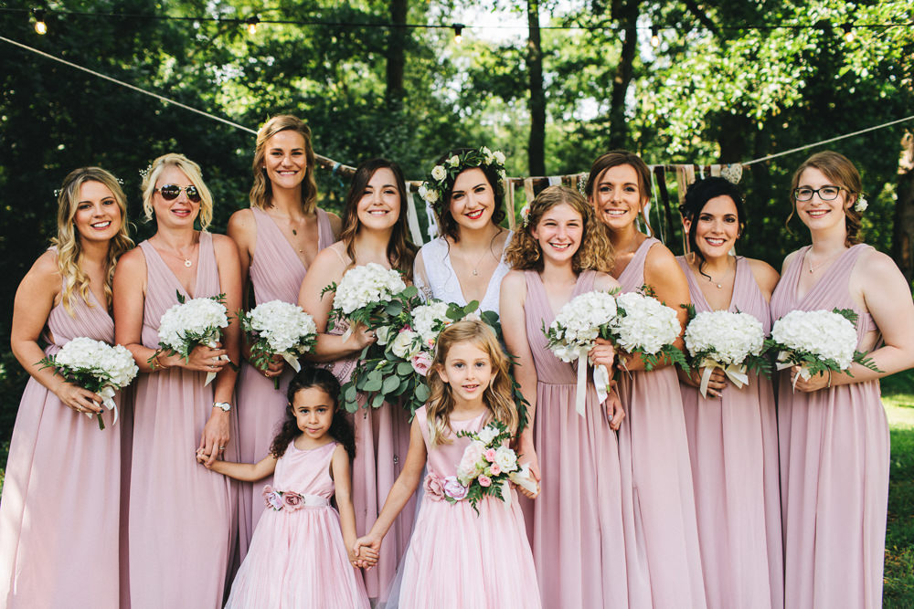 Bride Bridal Boho Wide Sleeve Dress Gown Embellished Flower Crown Pink Blush Bridesmaids Foliage Bouquet Stonyford Cottage Gardens Wedding Jessica O'Shaughnessy Photography