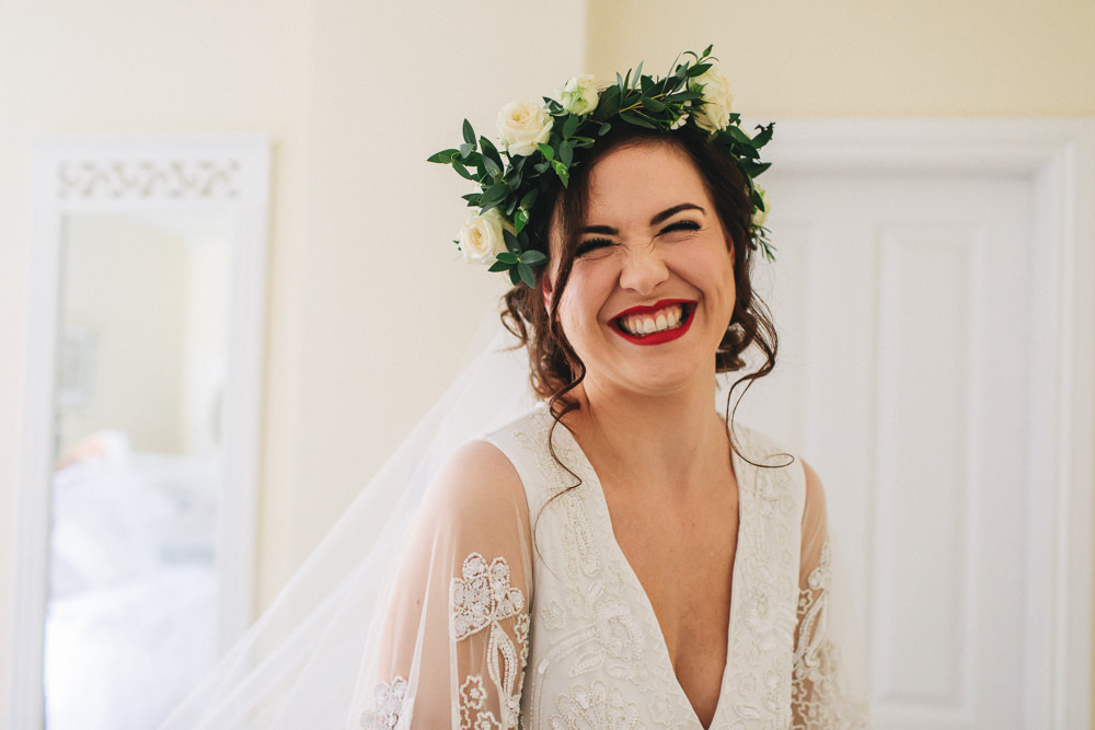 Bride Bridal Boho Wide Sleeve Dress Gown Embellished Flower Crown Veil Stonyford Cottage Gardens Wedding Jessica O'Shaughnessy Photography