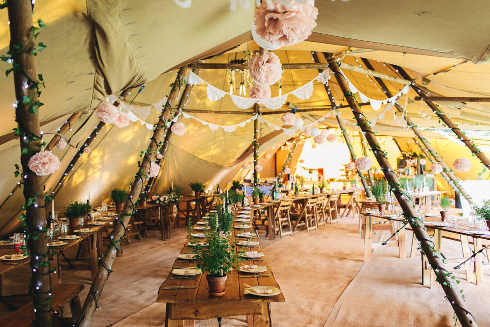 Lace Bunting Tissue Paper Pom Poms Fairy Lights Stonyford Cottage Gardens Wedding Jessica O'Shaughnessy Photography