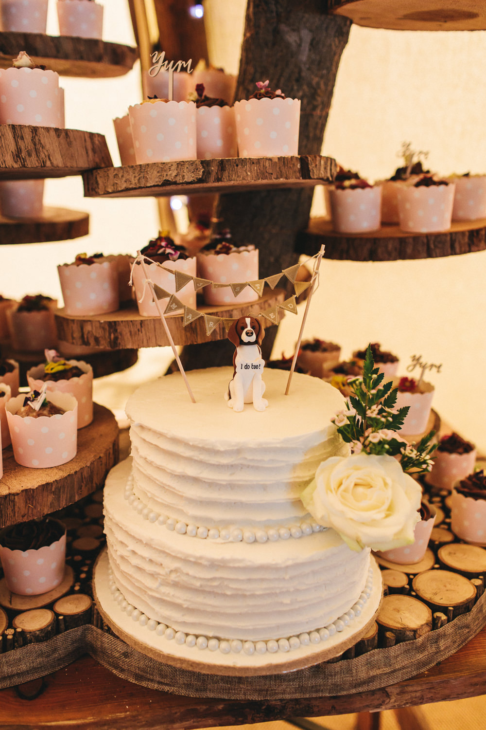 Cake Tower Wood Slice Buttercream Bunting Dog Topper Stonyford Cottage Gardens Wedding Jessica O'Shaughnessy Photography