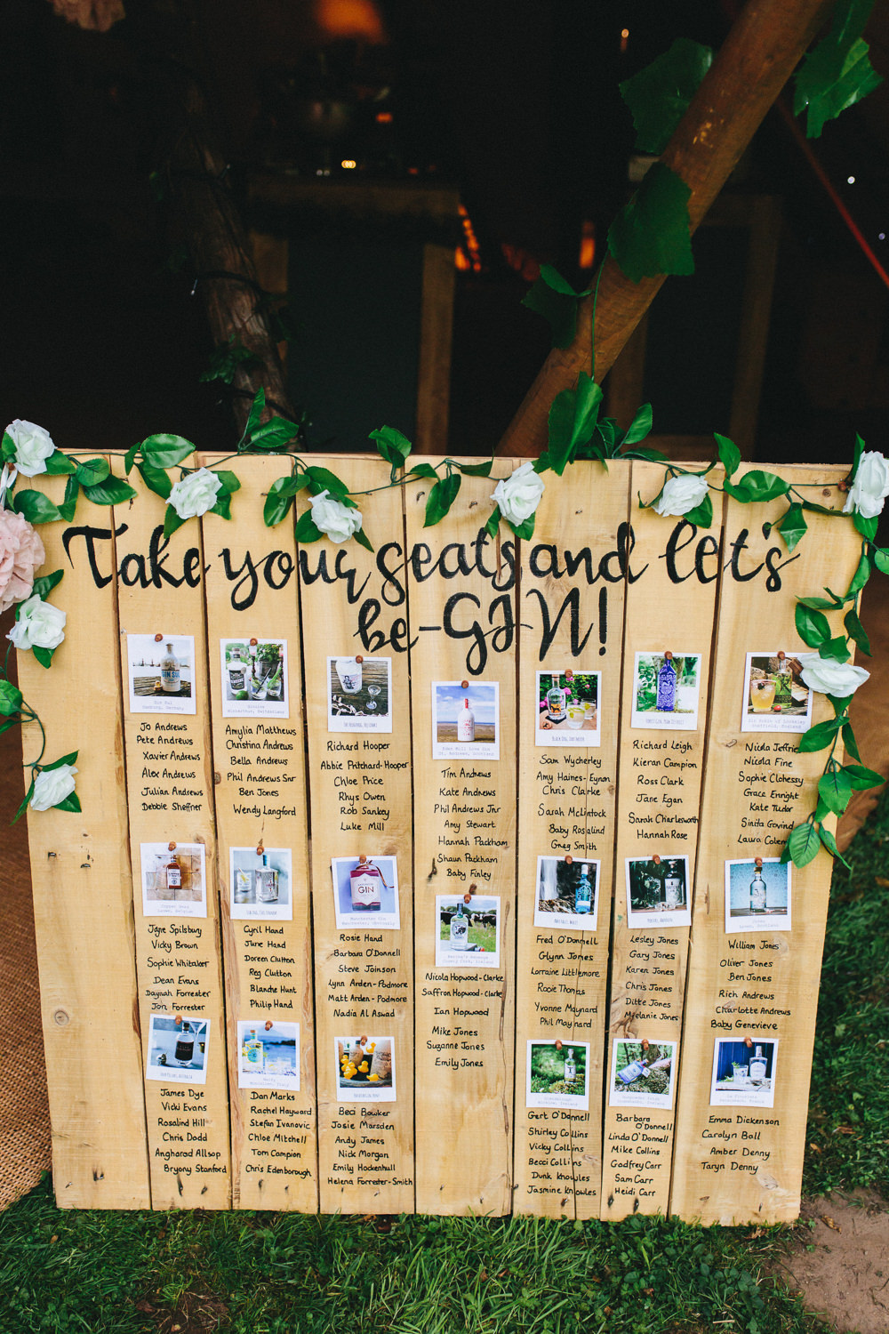 Table Plan Seating Chart Gin Polaroid Wood Stonyford Cottage Gardens Wedding Jessica O'Shaughnessy Photography