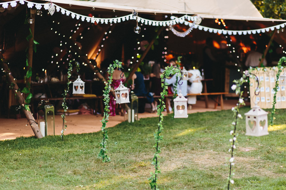 Fake Faux Ivy Shepherds Crook Hanging Lanterns Stonyford Cottage Gardens Wedding Jessica O'Shaughnessy Photography