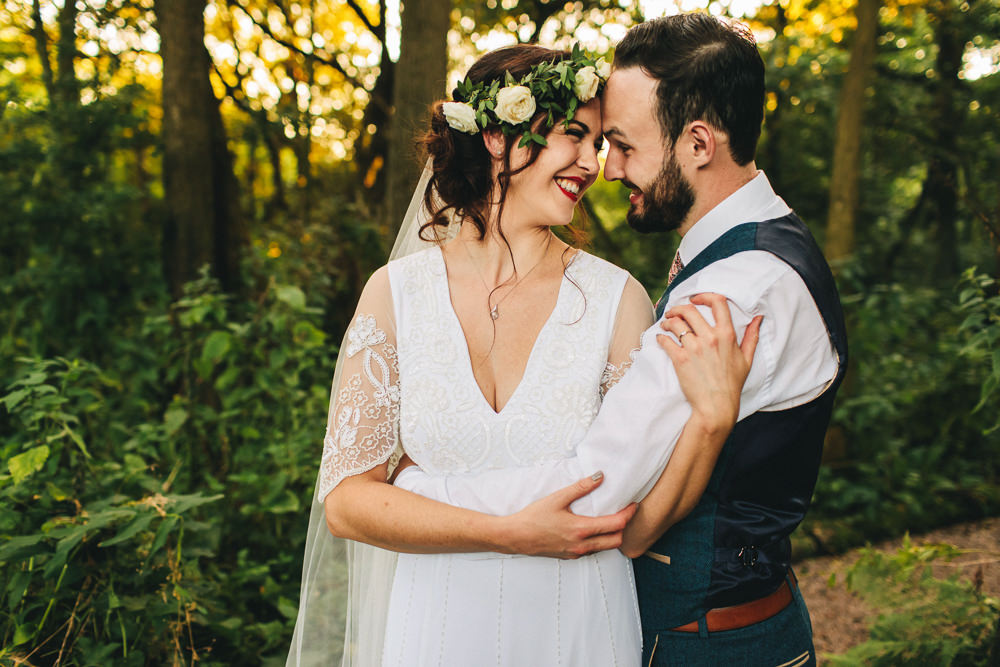 Bride Bridal Boho Wide Sleeve Dress Gown Embellished Flower Crown Blue Suit Tweed Three Piece Waistcoat Groom Stonyford Cottage Gardens Wedding Jessica O'Shaughnessy Photography