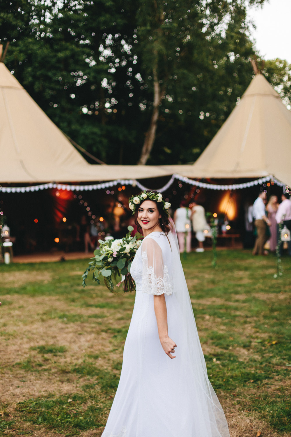 Bride Bridal Boho Wide Sleeve Dress Gown Embellished Flower Crown Foliage Bouquet Stonyford Cottage Gardens Wedding Jessica O'Shaughnessy Photography
