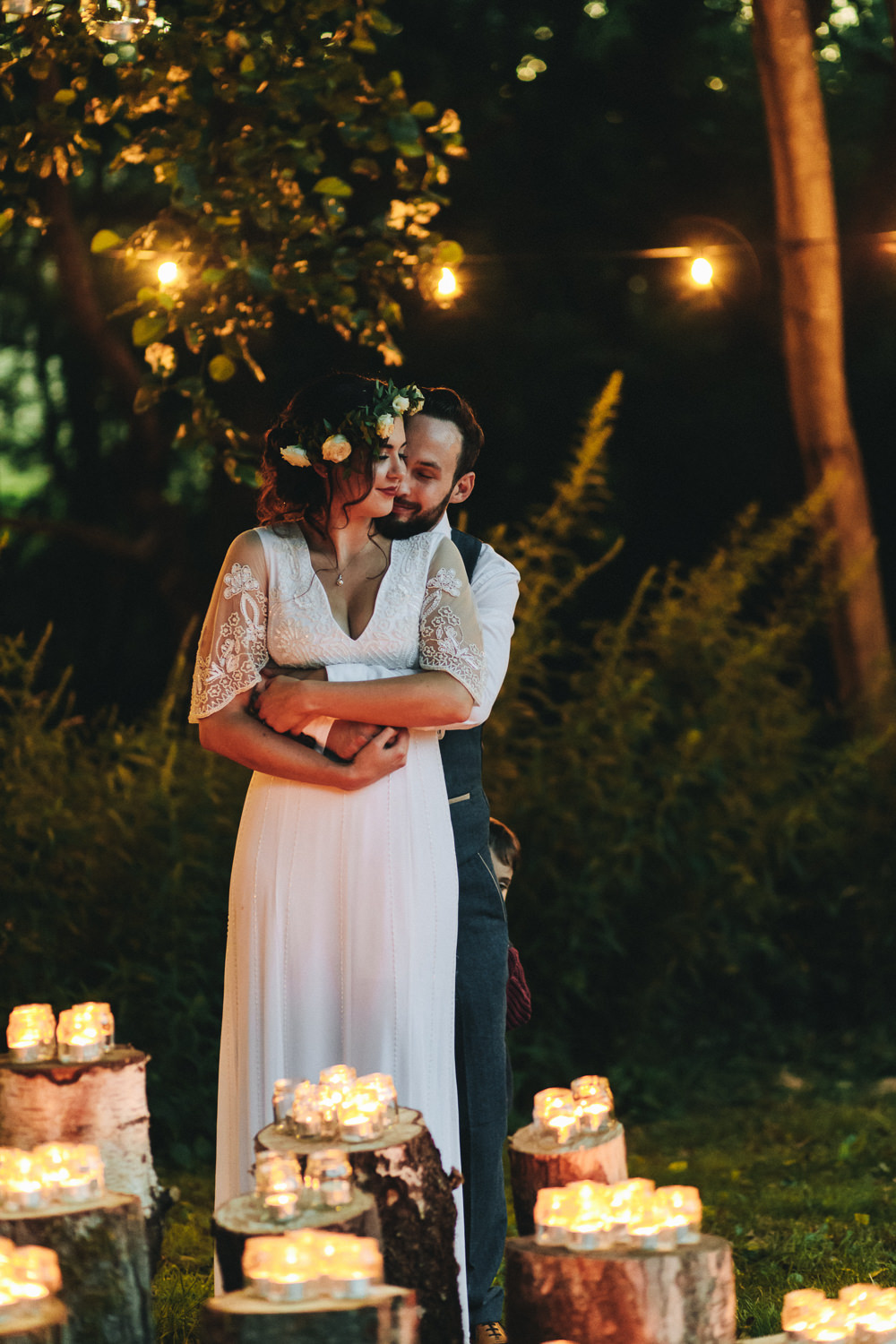 Bride Bridal Boho Wide Sleeve Dress Gown Embellished Flower Crown Blue Suit Tweed Three Piece Waistcoat Groom Stonyford Cottage Gardens Wedding Jessica O'Shaughnessy Photography