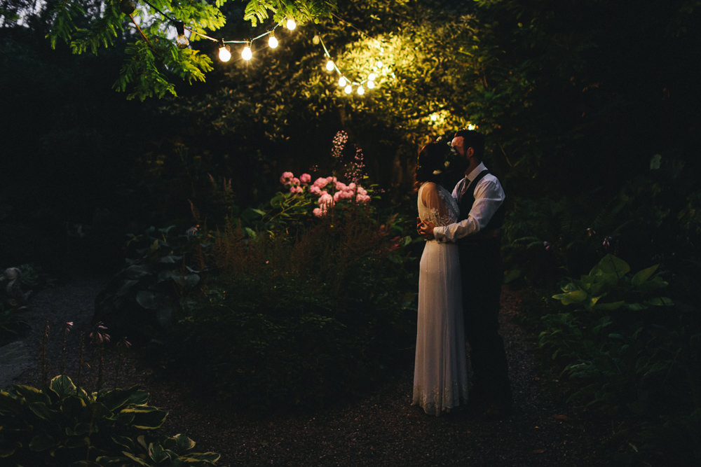 Bride Bridal Boho Wide Sleeve Dress Gown Embellished Flower Crown Blue Suit Tweed Three Piece Waistcoat Groom Stonyford Cottage Gardens Wedding Jessica O'Shaughnessy Photography
