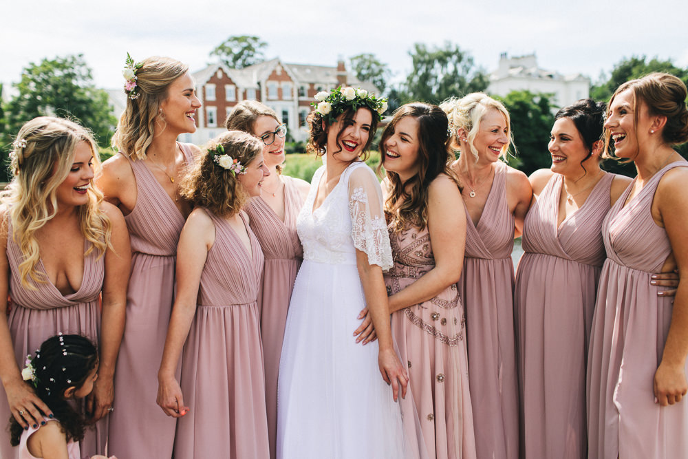 Bride Bridal Boho Wide Sleeve Dress Gown Embellished Flower Crown Pink Blush Bridesmaids Stonyford Cottage Gardens Wedding Jessica O'Shaughnessy Photography