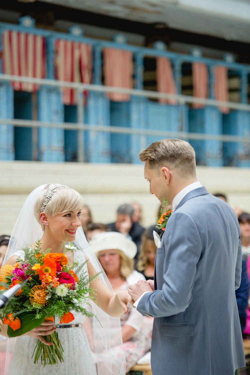 Bride Bridal V Neck Belt Veil Three Piece Suit Groom Blue Orange Red Bouquet Victoria Baths Wedding Mark Newton Weddings