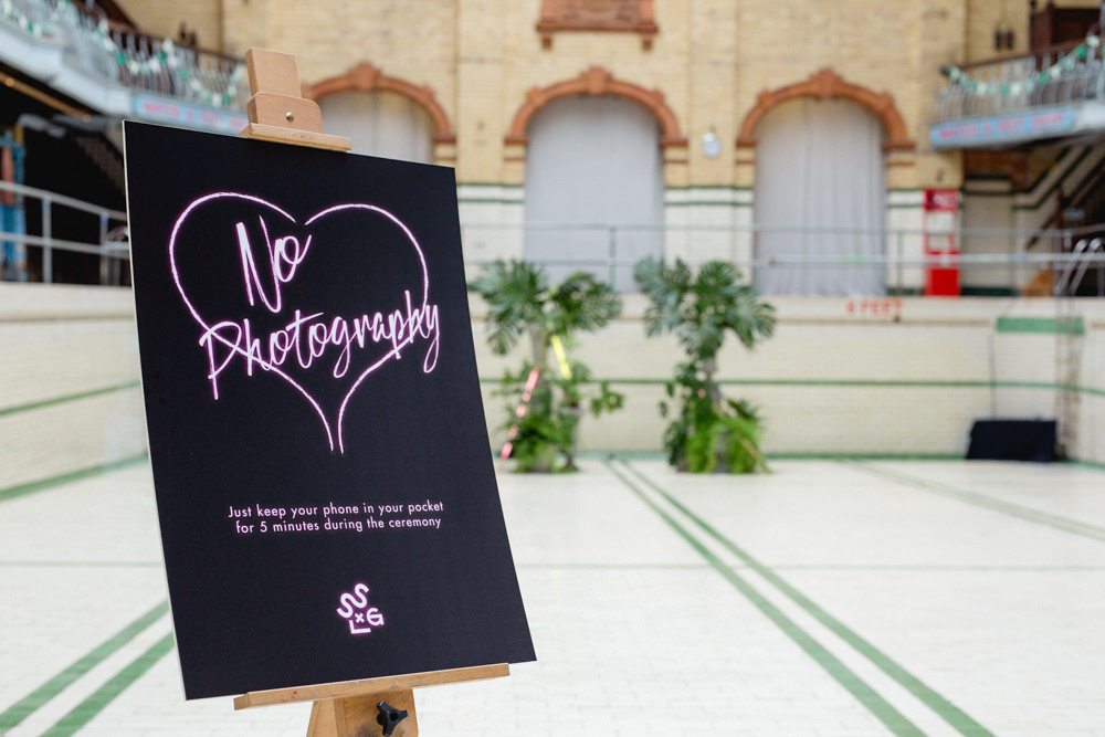 No Photography Unplugged Ceremony Neon Sign Victoria Baths Wedding Mark Newton Weddings