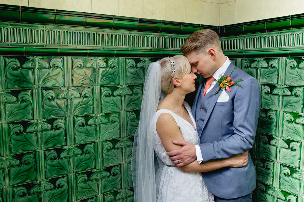 Bride Bridal V Neck Belt Veil Three Piece Suit Groom Blue Victoria Baths Wedding Mark Newton Weddings