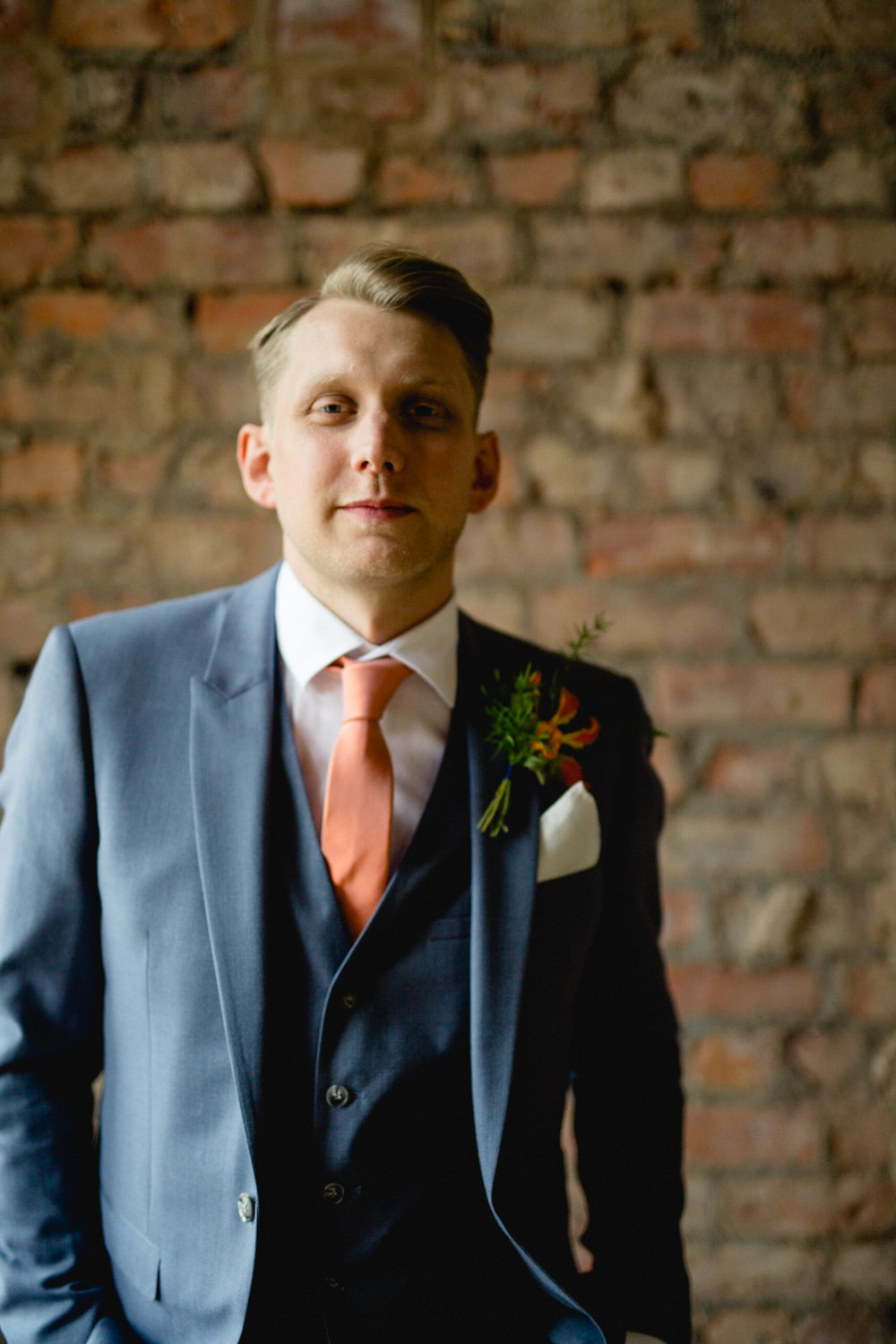 Three Piece Suit Waistcoat Groom Blue Grey Coral Tie Victoria Baths Wedding Mark Newton Weddings