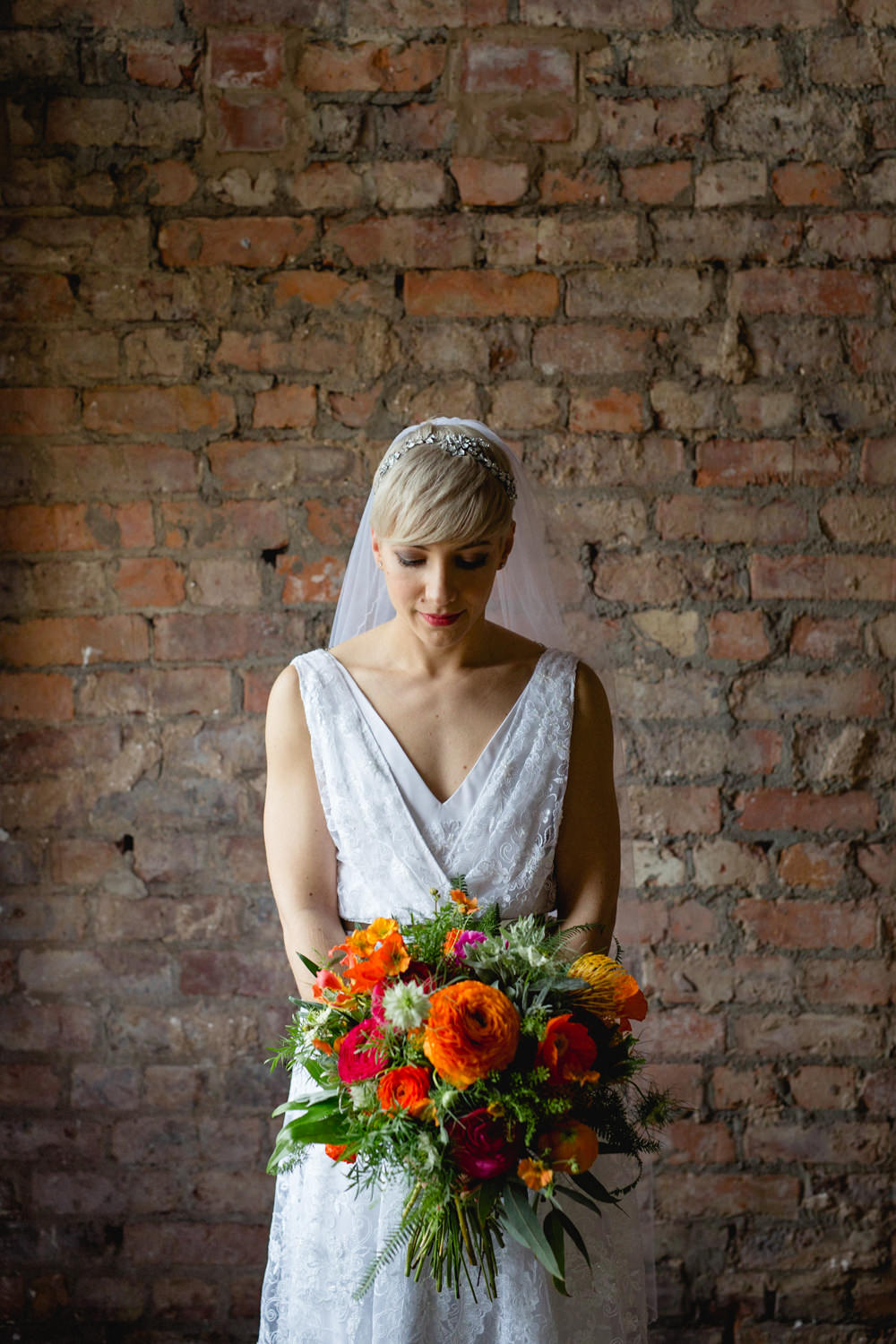 Bride Bridal V Neck Belt Veil Red Orange Pink Bouquet Victoria Baths Wedding Mark Newton Weddings