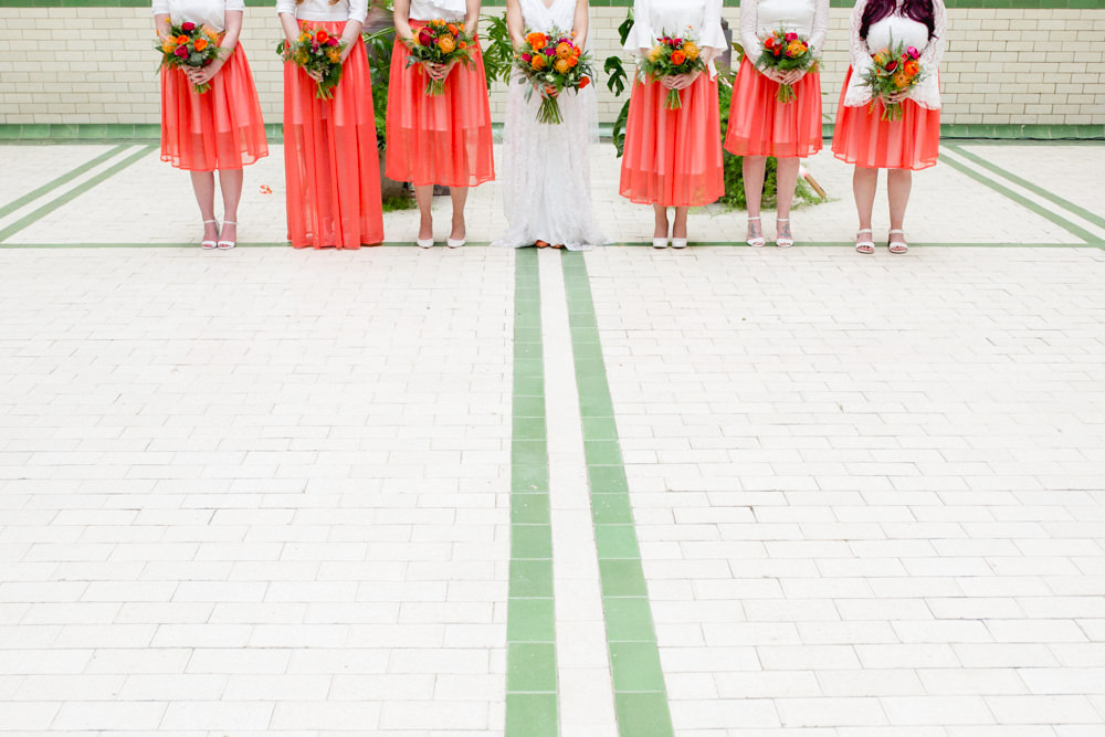 Coral Overlay Bridesmaids Skirts Pink Orange Red Bouquet Victoria Baths Wedding Mark Newton Weddings