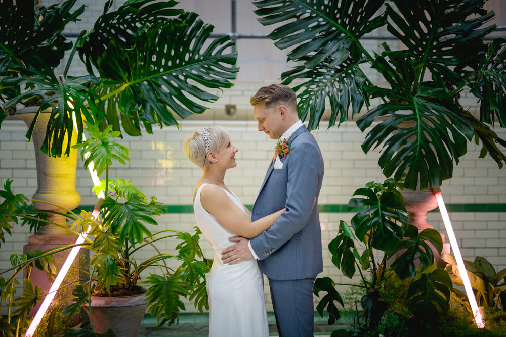 Bride Bridal V Neck Belt Veil Three Piece Suit Groom Blue Tropical Neon Palm Victoria Baths Wedding Mark Newton Weddings