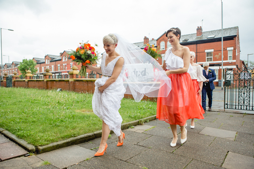 Bride Bridal V Neck Belt Veil Coral Skirt White Top Bridesmaids Victoria Baths Wedding Mark Newton Weddings