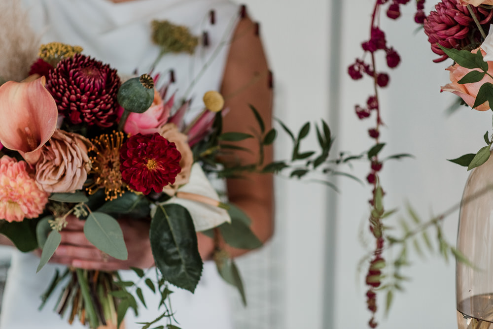 Bouquet Flowers Bride Bridal Mustard Tan Orange Burgundy Calla Lily Pampas Grass Dahlia Chrysanthemum 1970 Retro Mid Century Wedding Ideas Laura Martha Photography