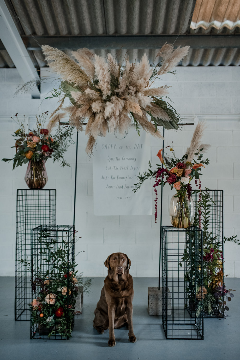 Backdrop Ceremony Aisle Wire Flowers Pampas Grass Decor Cloud Installation Floral 1970 Retro Mid Century Wedding Ideas Laura Martha Photography