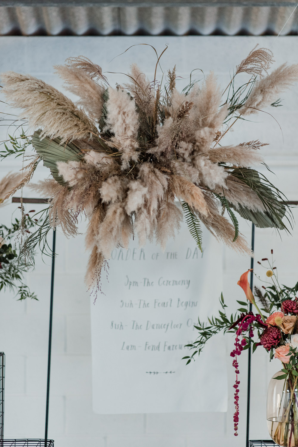 Backdrop Ceremony Aisle Wire Flowers Pampas Grass Decor Cloud Installation Floral 1970 Retro Mid Century Wedding Ideas Laura Martha Photography
