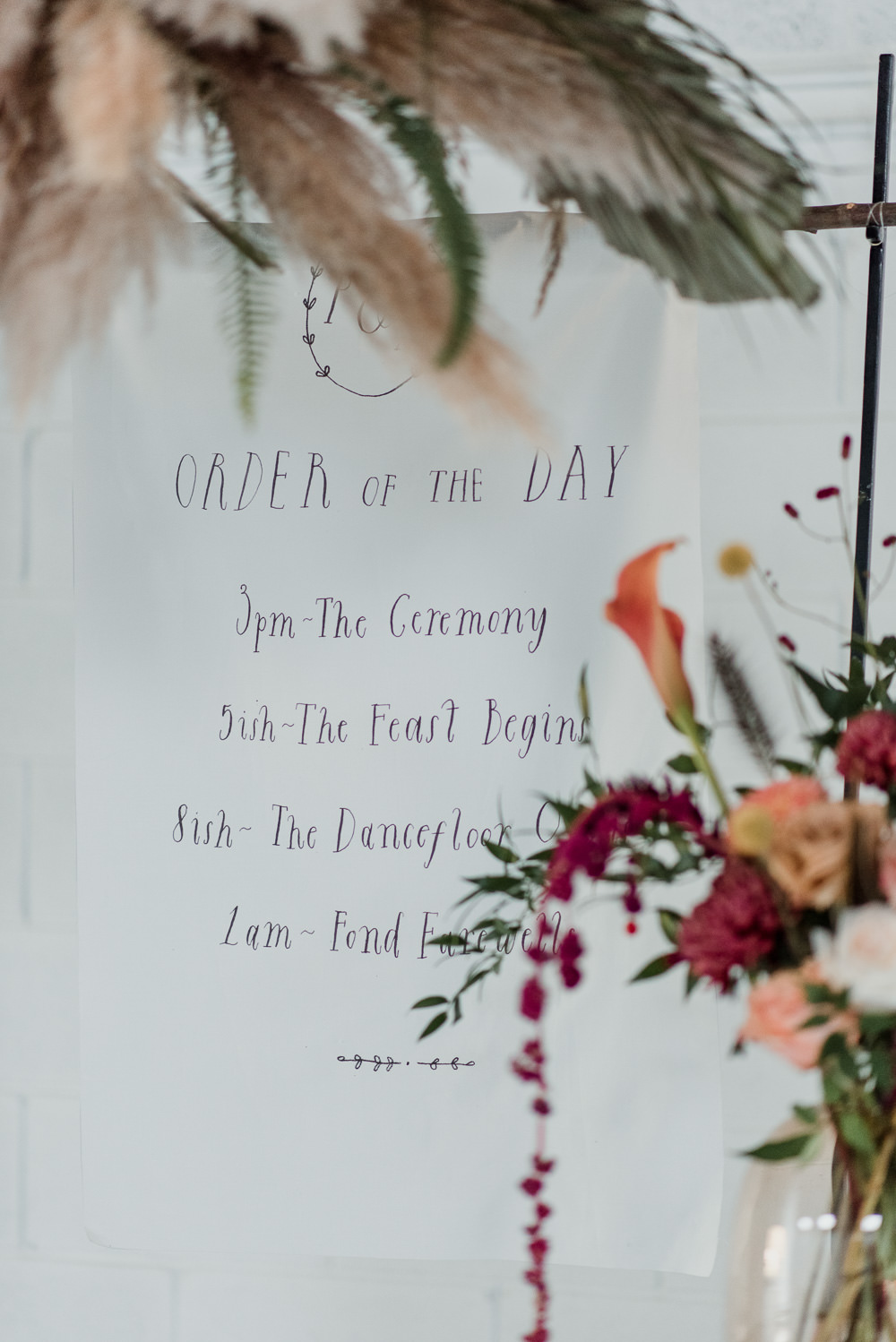 Fabric Banner Sign Signage Order of the Day Calligraphy 1970 Retro Mid Century Wedding Ideas Laura Martha Photography