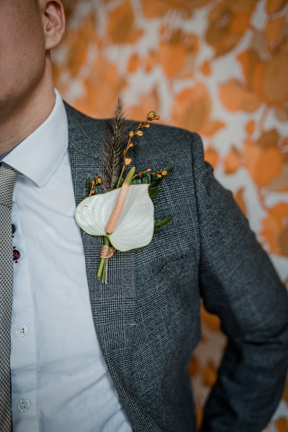 Groom Suit Grey Tie Calla Lily Buttonhole 1970 Retro Mid Century Wedding Ideas Laura Martha Photography