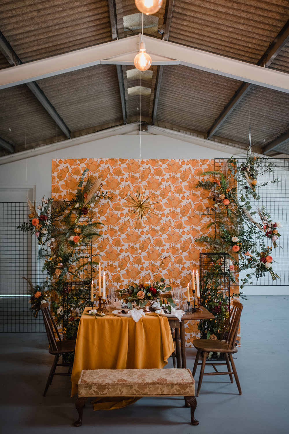 Tablescape Table Decor Backdrop Wallpaper Mustard Orange Floral Flowers Decor Velvet Cloth Runner Candles 1970 Retro Mid Century Wedding Ideas Laura Martha Photography