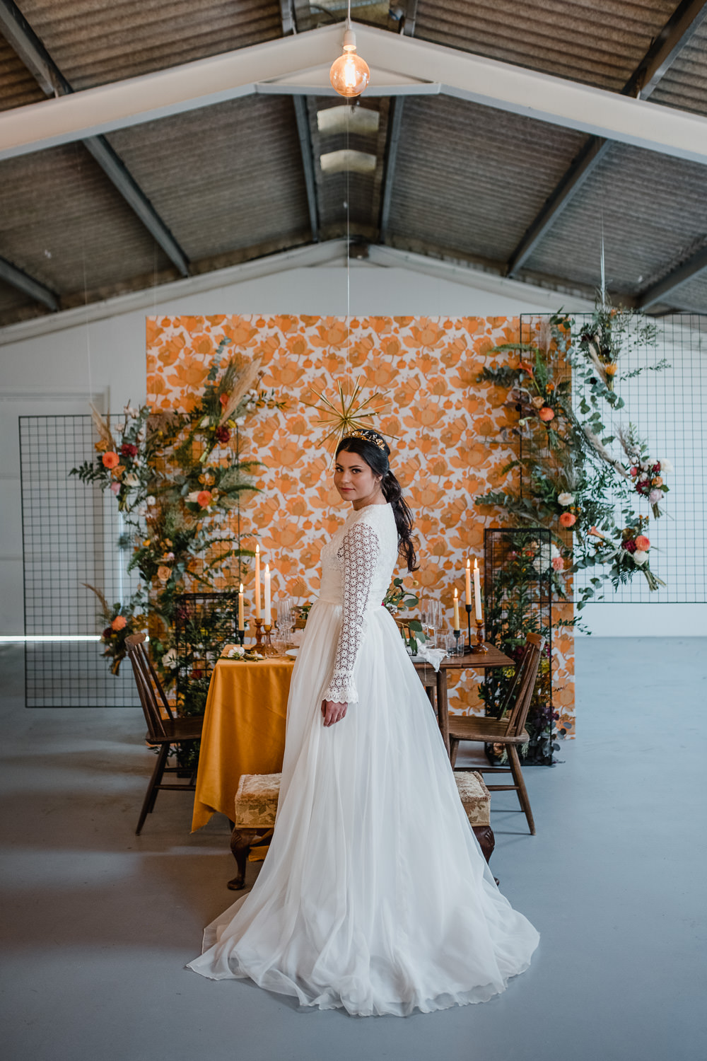 Dress Gown Bride Bridal Lace Sleeves Tulle Skirt Crochet 1970 Retro Mid Century Wedding Ideas Laura Martha Photography