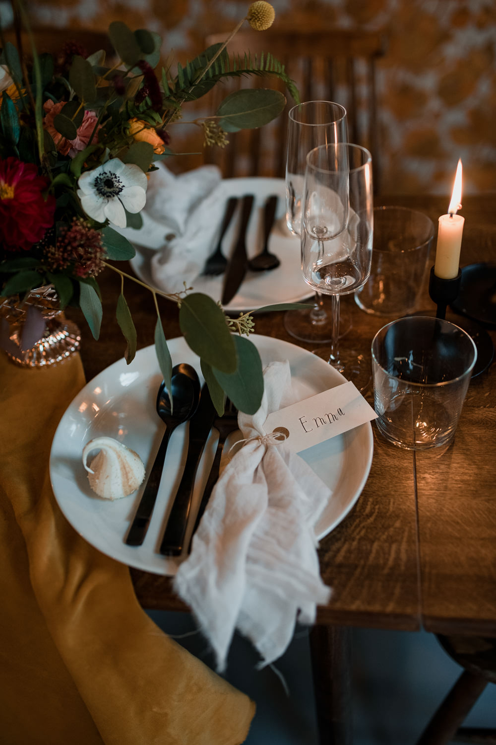 Place Setting Table Plates Napkin Place Card Calligraphy 1970 Retro Mid Century Wedding Ideas Laura Martha Photography