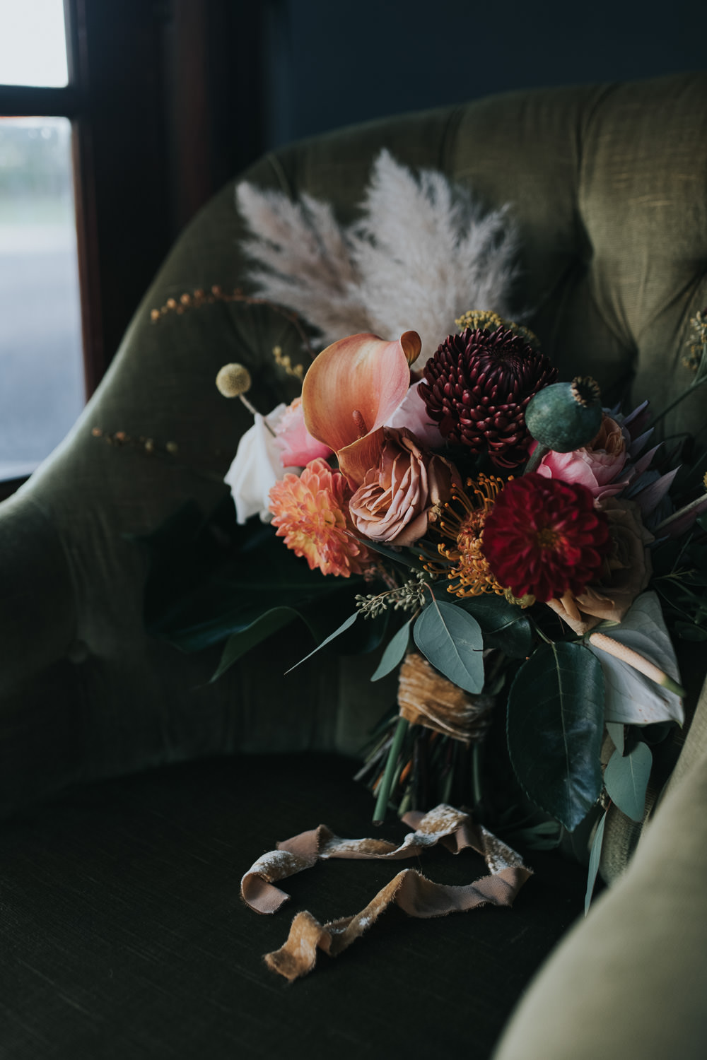Bouquet Flowers Bride Bridal Mustard Tan Orange Burgundy Calla Lily Pampas Grass Dahlia Chrysanthemum 1970 Retro Mid Century Wedding Ideas Laura Martha Photography