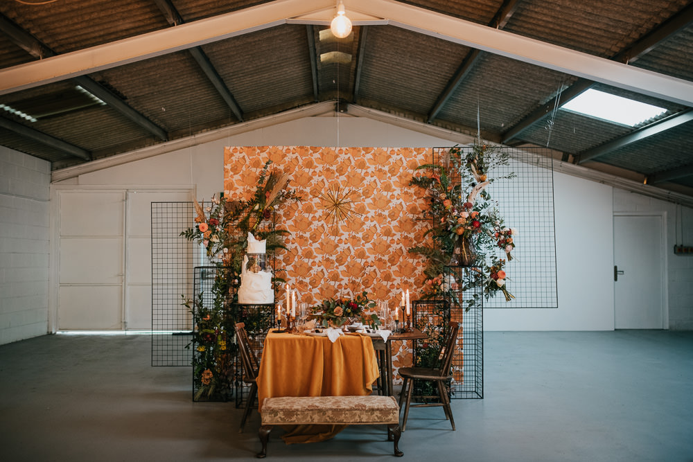 Tablescape Table Decor Backdrop Wallpaper Mustard Orange Floral Flowers Decor Velvet Cloth Runner Candles 1970 Retro Mid Century Wedding Ideas Laura Martha Photography