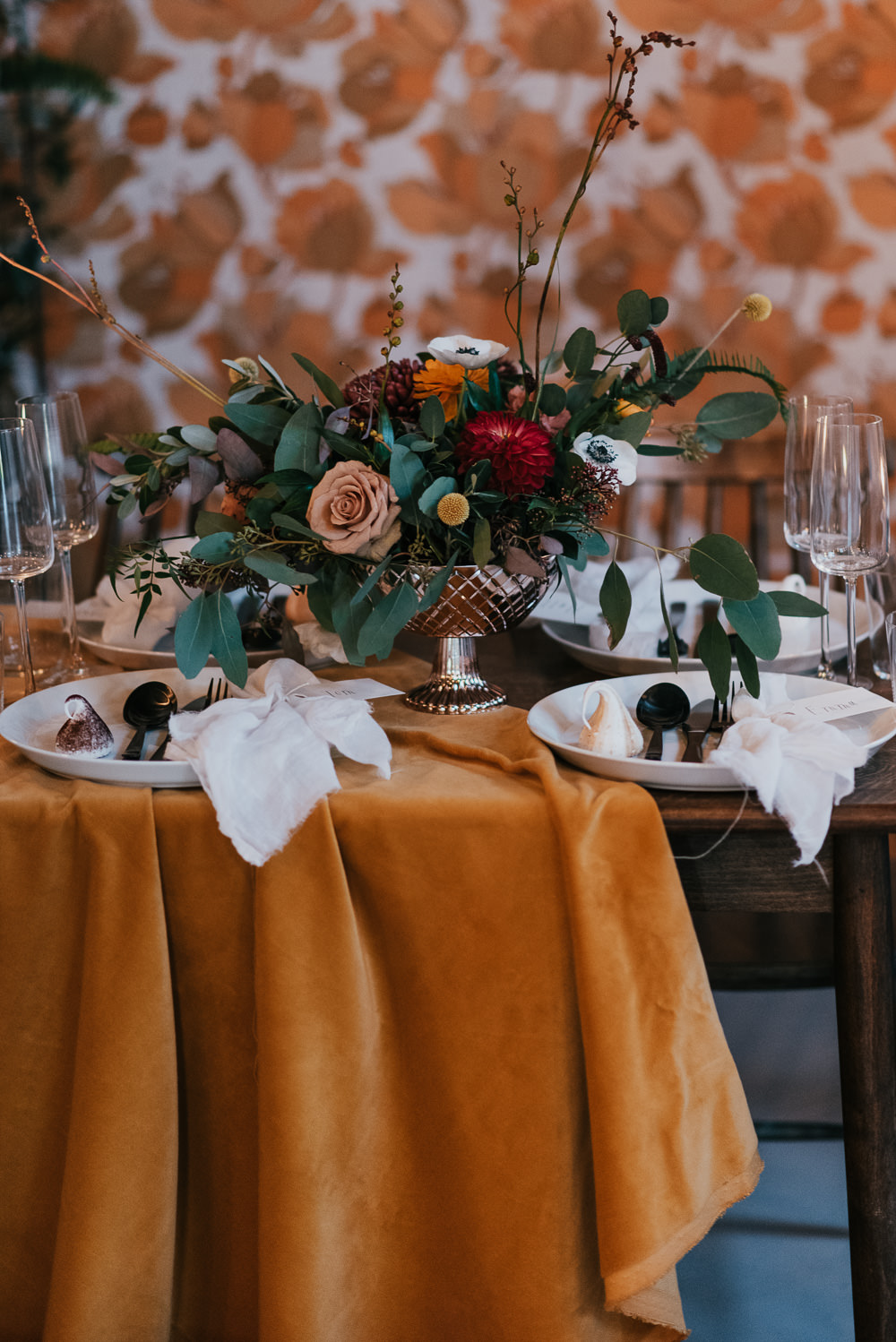 Tablescape Table Decor Backdrop Wallpaper Mustard Orange Floral Flowers Decor Velvet Cloth Runner Candles 1970 Retro Mid Century Wedding Ideas Laura Martha Photography