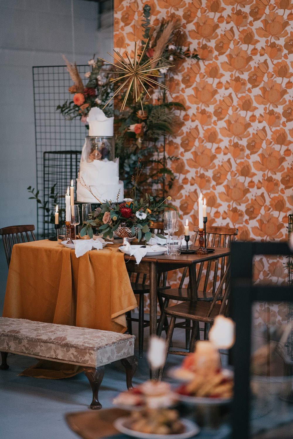 Tablescape Table Decor Backdrop Wallpaper Mustard Orange Floral Flowers Decor Velvet Cloth Runner Candles 1970 Retro Mid Century Wedding Ideas Laura Martha Photography