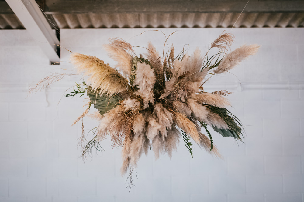 Pampas Grass Flower Cloud Installation Hanging Suspended 1970 Retro Mid Century Wedding Ideas Laura Martha Photography