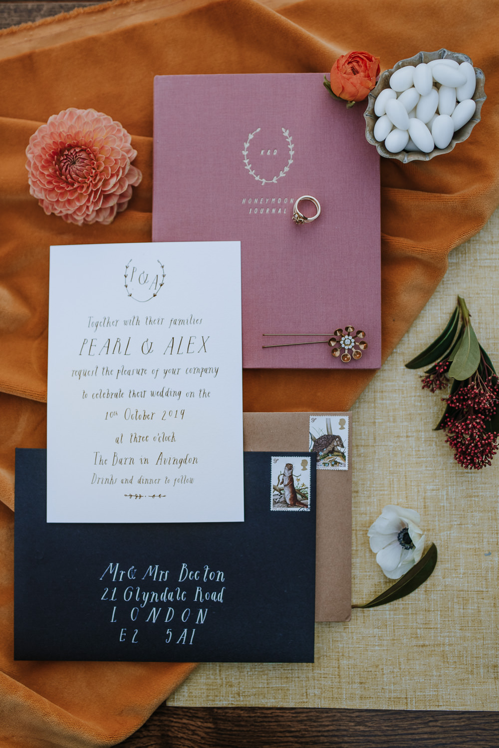 Stationery Invites Invitations Calligraphy Flat Lay Envelope 1970 Retro Mid Century Wedding Ideas Laura Martha Photography