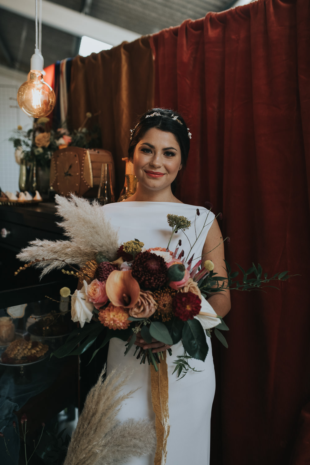 Bouquet Flowers Bride Bridal Mustard Tan Orange Burgundy Calla Lily Pampas Grass Dahlia Chrysanthemum 1970 Retro Mid Century Wedding Ideas Laura Martha Photography
