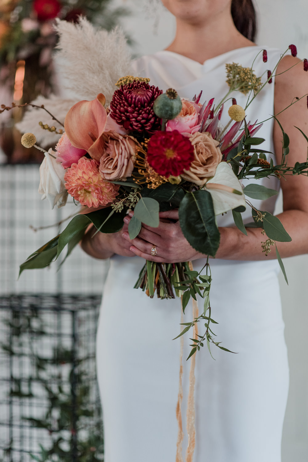 Bouquet Flowers Bride Bridal Mustard Tan Orange Burgundy Calla Lily Pampas Grass Dahlia Chrysanthemum 1970 Retro Mid Century Wedding Ideas Laura Martha Photography