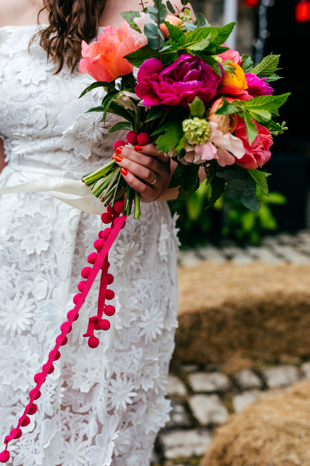 Bouquet Flowers Bride Bridal Colourful Pom Poms Peonies Ranunculus Craspedia Alliums Protea Pink Orange Ash Barton Estate Wedding Jordanna Marston Photography