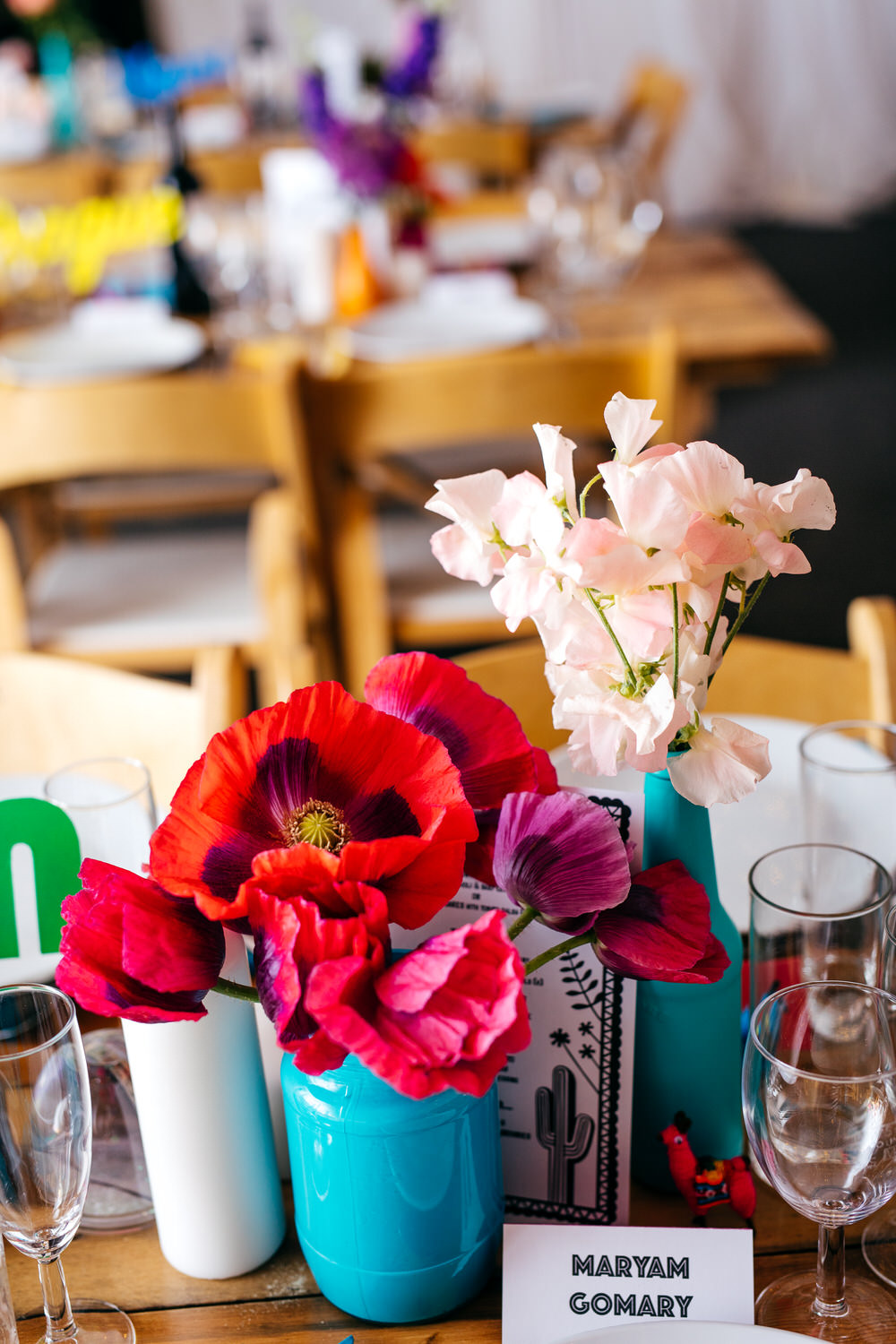 Painted Bottle Flowers Decor Table Centrepiece Rainbow Ash Barton Estate Wedding Jordanna Marston Photography