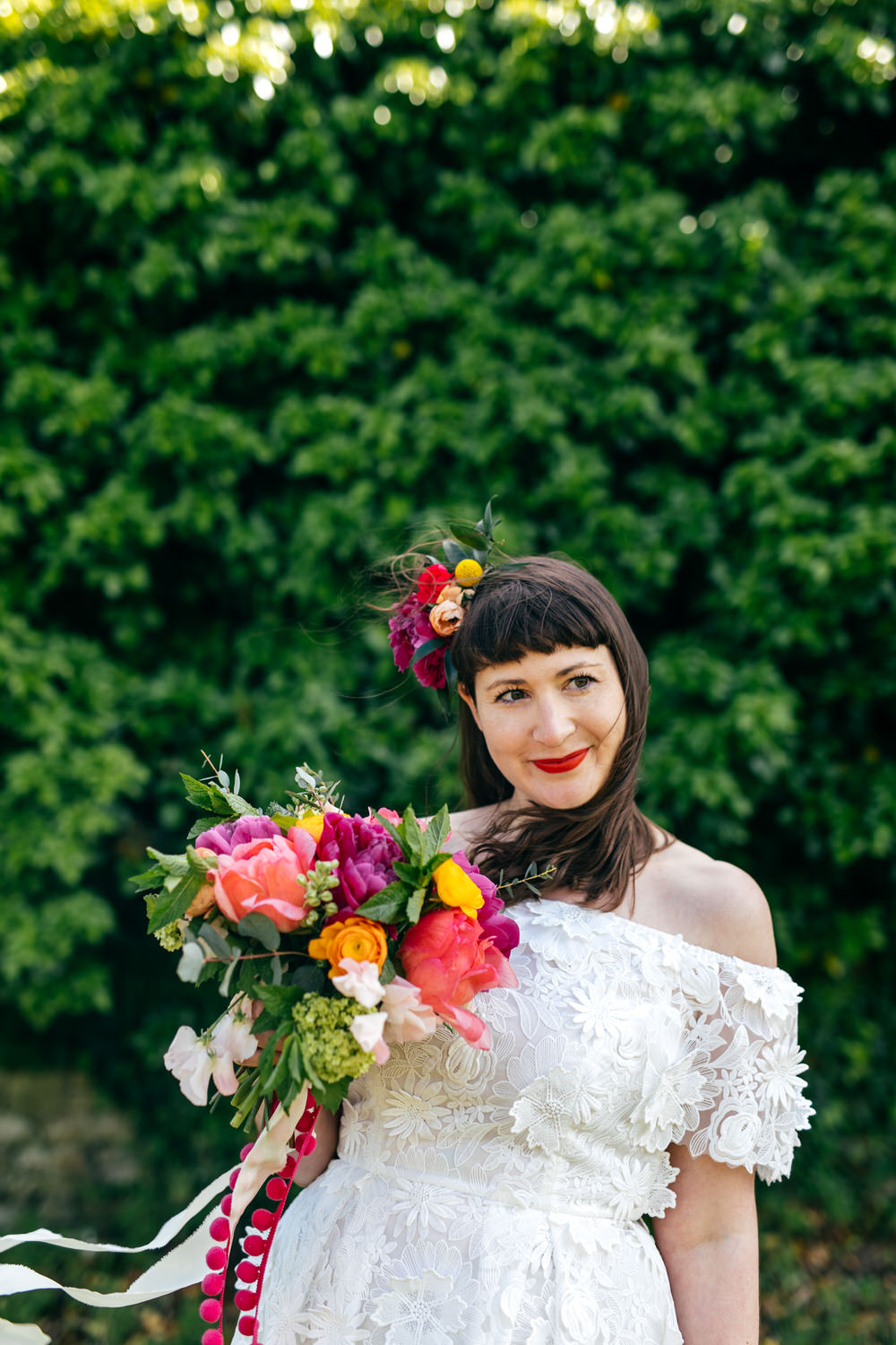 Bouquet Flowers Bride Bridal Colourful Pom Poms Peonies Ranunculus Craspedia Alliums Protea Pink Orange Ash Barton Estate Wedding Jordanna Marston Photography
