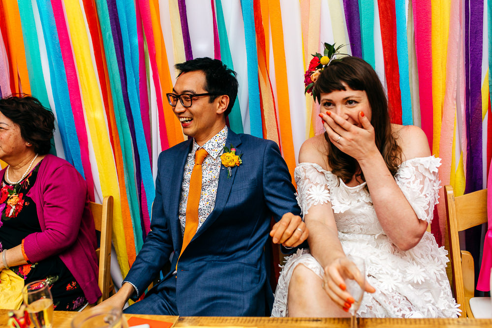 Rainbow Colourful Ribbon Backdrop Ash Barton Estate Wedding Jordanna Marston Photography