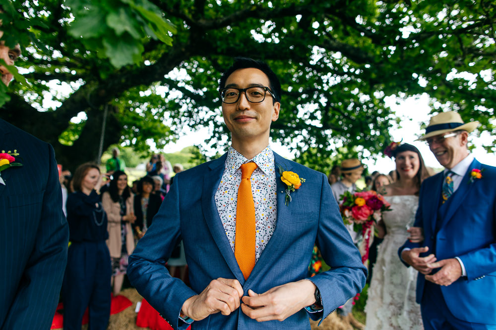 Groom Suit Orange Tie Floral Shirt Ash Barton Estate Wedding Jordanna Marston Photography